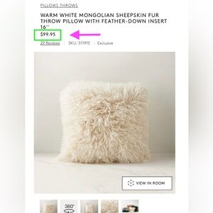 CB2 MONGOLIAN LAMB THROW PILLOW Grey With Premium Down Insert 16" $110 Retail